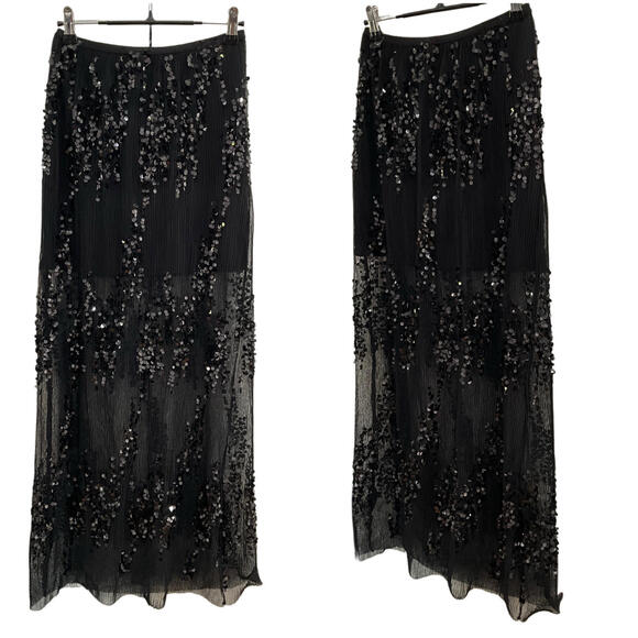 NWT Y2K Black Sequin Sheer Pleated Maxi Skirt Low Rise Party Evening Statement - Picture 7 of 10